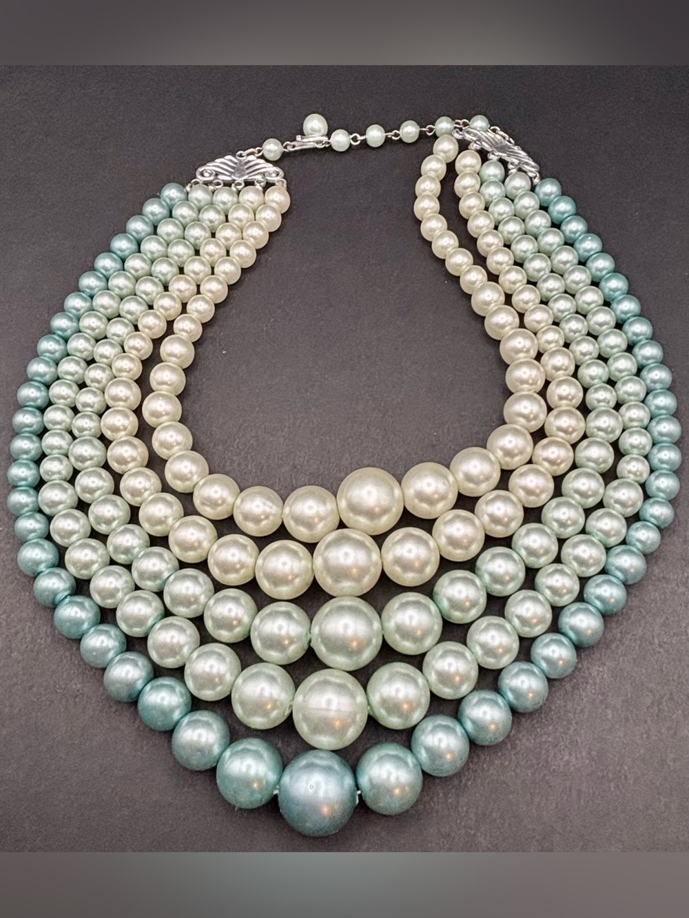 Vintage 5 Strand Faux Pearl Necklace Aqua Blue Ombre Mid Century Statement Bib